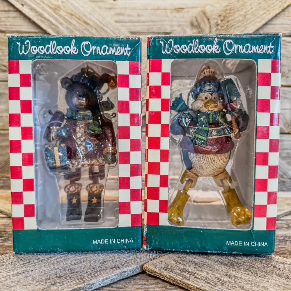 Pair of Vintage Woodlook Ornaments-Santa Bear and Christmas Penguin-Original Box